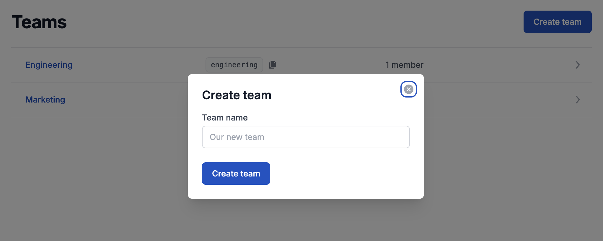 example of the Forge dashboard teams page